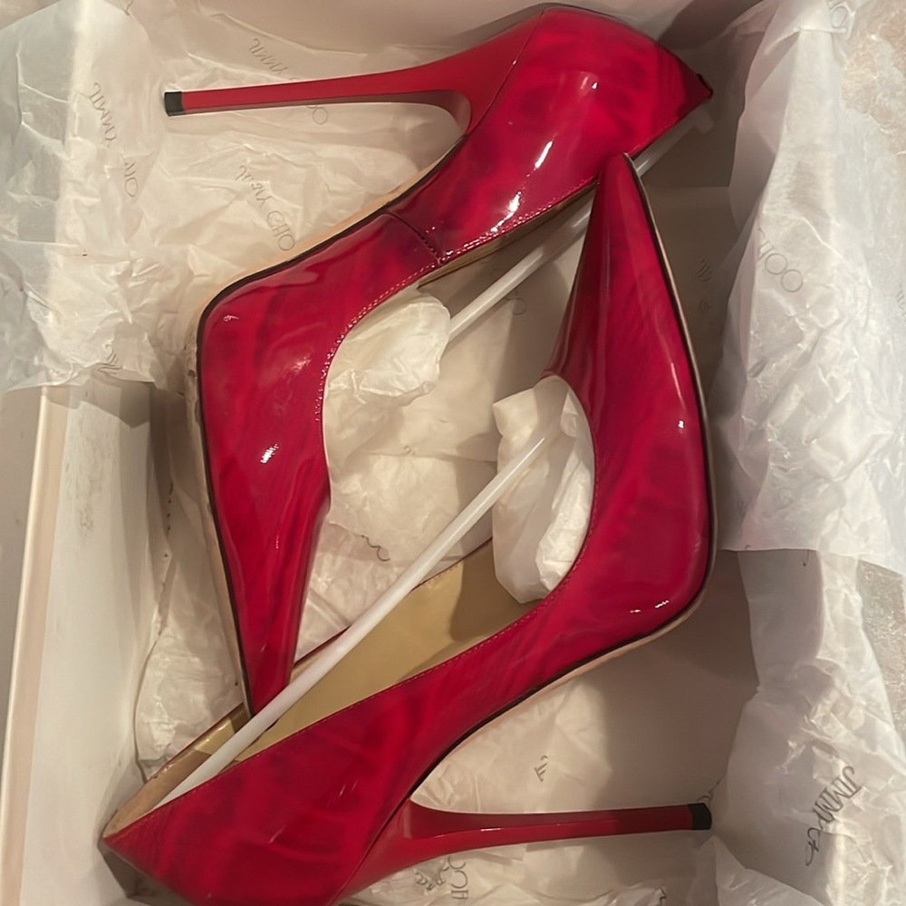Jimmy Choo Red Patent Leather Pointed Toe Stiletto Pumps - Picture 2 of 8
